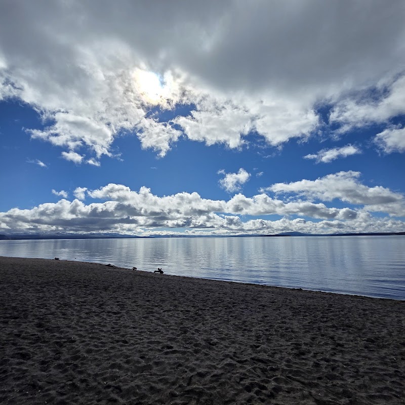 Calm lake and dark sandy shoreline under a bright blue sky with scattered clouds in Yellowstone National Park.