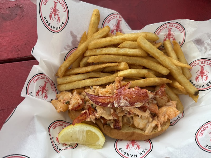 Lobster roll with lobster meat and a lemon wedge, accompanied by golden fries on branded parchment in Acadia National Park.