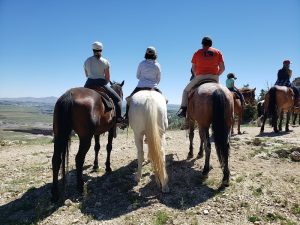 Group of riders on Cedar Mountain Trail at Yellowstone National Park, overlooking a vast valley under a clear blue sky.
