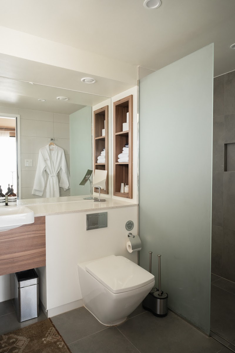 Modern lodge bathroom in Big Bend National Park with a wall-mounted toilet, frosted glass divider, and wooden-shelf storage holding towels.