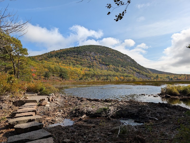 Jesup Path and Hemlock Path Loop along a rocky lakeshore in Acadia National Park, with autumn-colored trees across the water.