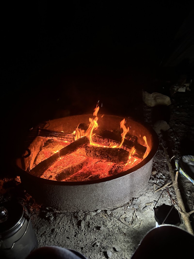 Nighttime campfire glows in a metal ring at Blackwoods Campground, Acadia National Park, with burning logs and glowing embers.
