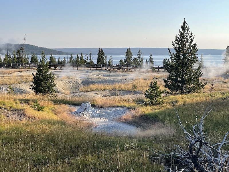 Steam rises beside a wooden boardwalk through a geothermal field with pines and Yellowstone Lake in Yellowstone National Park.