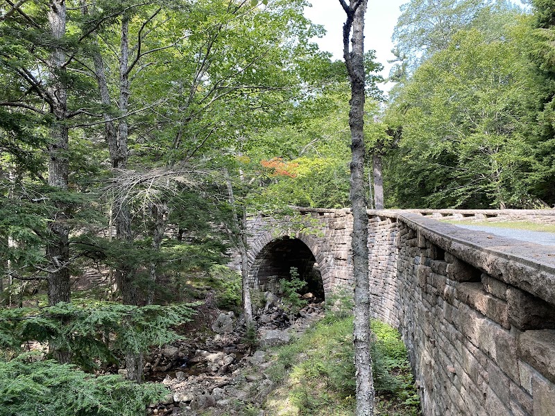 Stone arch bridge spans a rocky ravine through dense green trees in Acadia National Park.