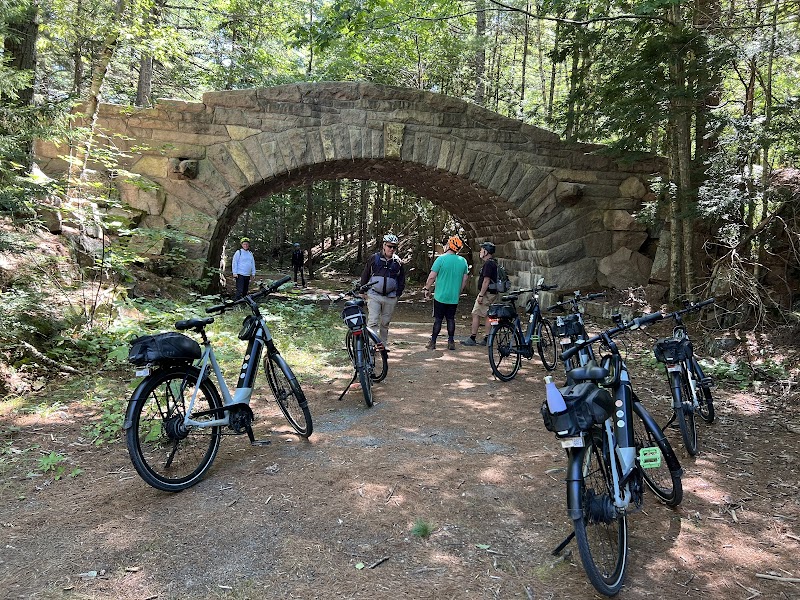 Cyclists with e-bikes and hikers gather under a stone arch bridge on a forest path in Acadia National Park.