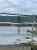 Green suspension bridge over calm water with a rocky shoreline and small island with a lone tree in Acadia National Park.