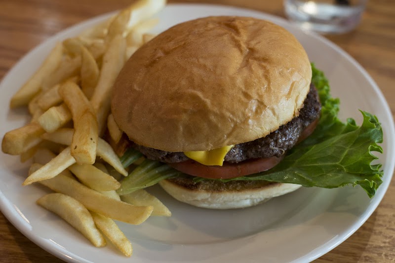 Beef hamburger with cheese, tomato, and lettuce on a toasted bun, accompanied by fries on a plate in Acadia National Park.