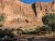 Sunlit orange sandstone cliffs tower over Goose Island Campground in Arches National Park, with tents, a wooden shelter, and trees.