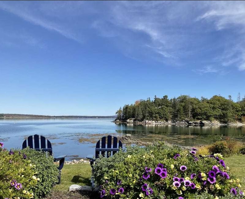 Lakeside garden with purple flowers and two blue Adirondack chairs overlooking a calm inlet in Acadia National Park.