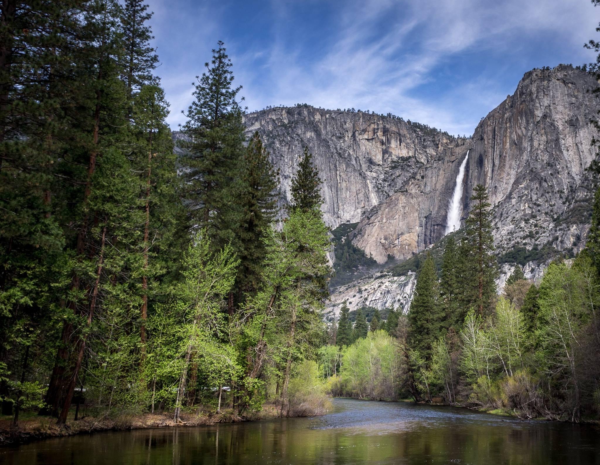 Yosemite Valley scene with a tall granite cliff and a slender waterfall to the right, framed by pine trees and a calm Merced River.