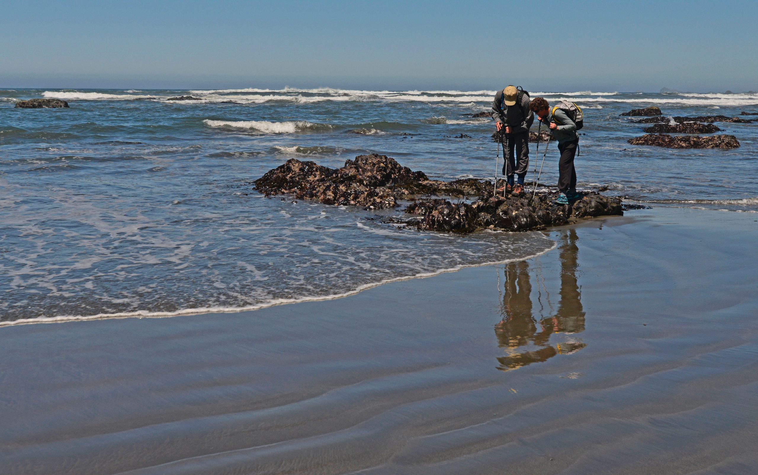 Two hikers pause on dark coastal rocks at Redwood National and State Parks, as surf rolls onto the shore.
