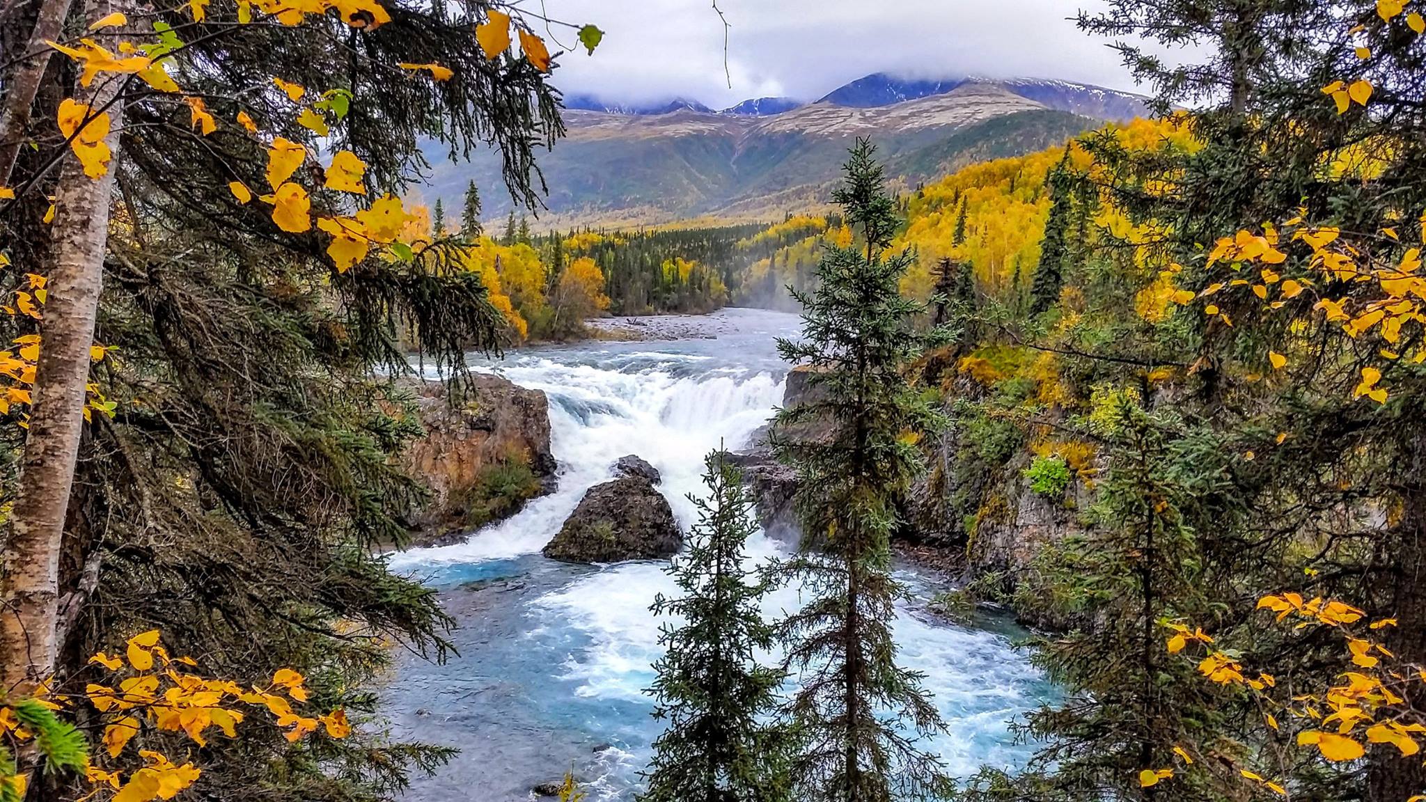 Bright autumn foliage frames a turquoise river cascading over rocks in Lake Clark National Park & Preserve.