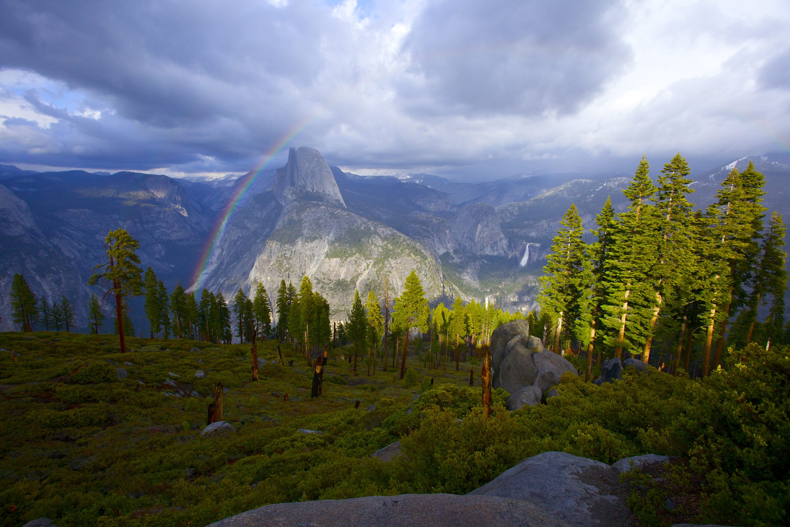 Rainbow arching over Half Dome seen from a meadow overlook in Yosemite National Park's dramatic valley.