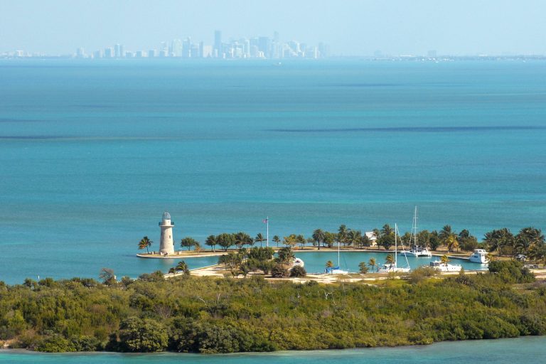 Boca Chita Key Lighthouse stands on a palm-lined island in Biscayne National Park with turquoise waters around it.