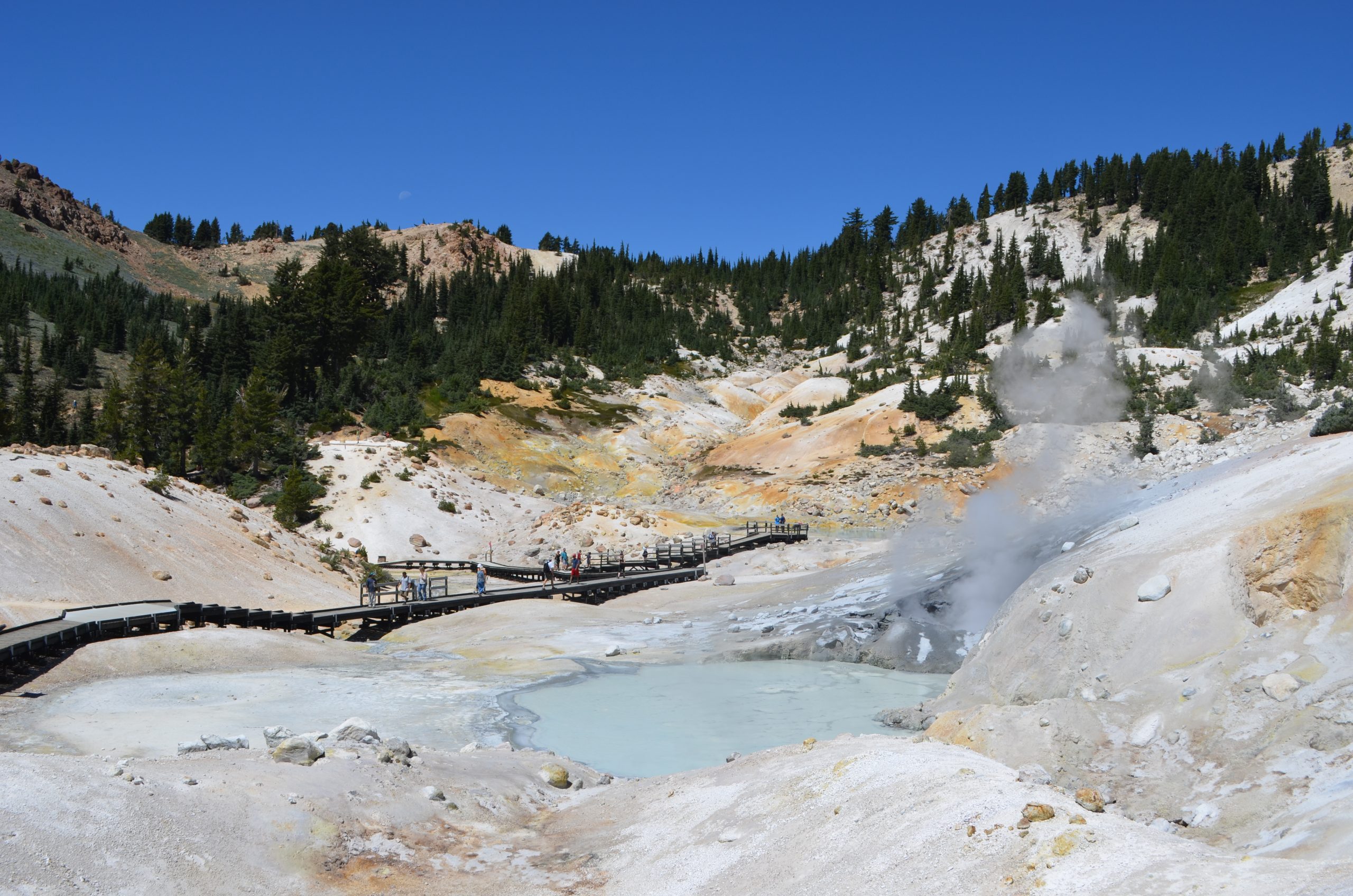 Bumpass Hell boardwalk winds through colorful geothermal features in Lassen Volcanic National Park.