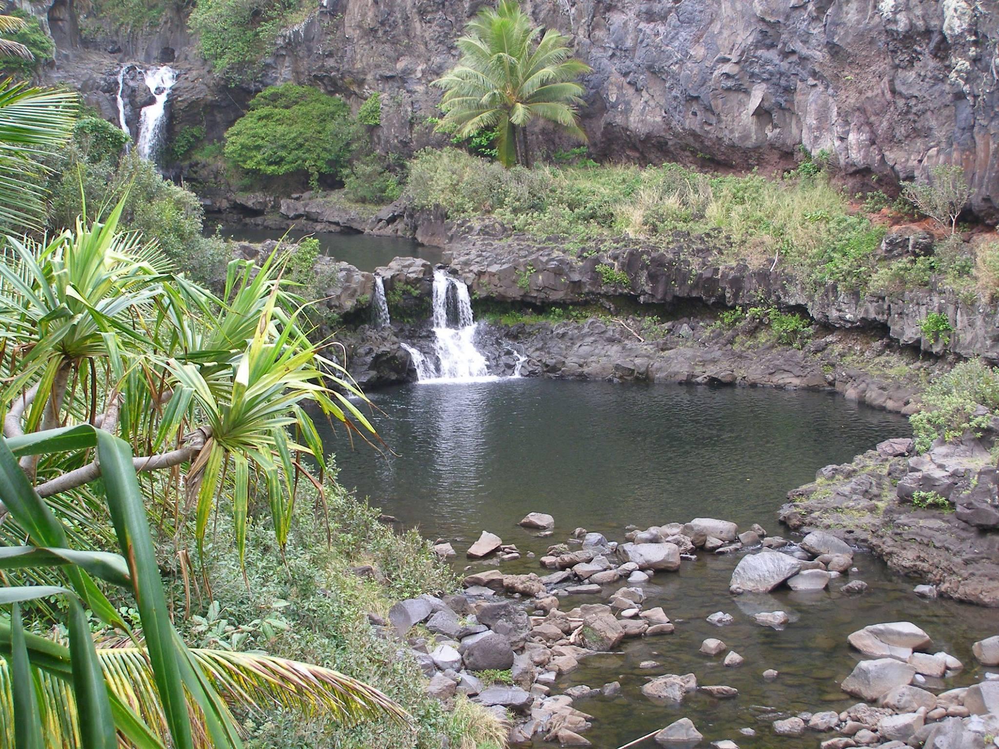 Ohe’o Gulch waterfall feeding a calm pool at Haleakalā National Park, with lava rocks and tropical vegetation along the Kipahulu coast.