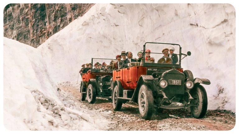 Historic red buses on Going-to-the-Sun Road, Glacier National Park
