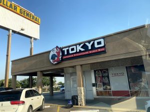 Exterior signage for a Japanese steakhouse and sushi bar near Carlsbad Caverns National Park in Carlsbad, New Mexico.