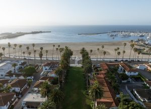 Aerial view of a beach with a long palm-lined promenade and marina along the Channel Islands National Park coast.