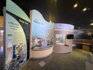 Interior of Carlsbad Caverns National Park gift shop with curved education panels and displays.
