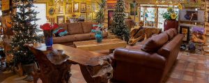 Gift shop interior at Black Canyon Of The Gunnison National Park with rustic wooden decor and festive Christmas trees.