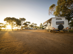 Sunset washes the campground at Carlsbad Caverns National Park, with RVs and trees lining the dirt site