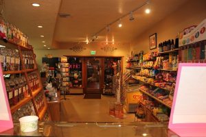 Gift shop interior at Zion National Park near Springdale, stocked with candy, souvenirs, and snacks.