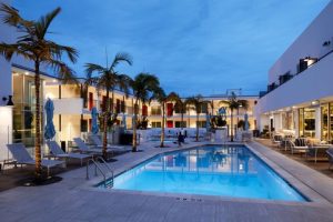 Pool courtyard at a modern hotel with palm trees and lounge chairs, located near Channel Islands National Park.