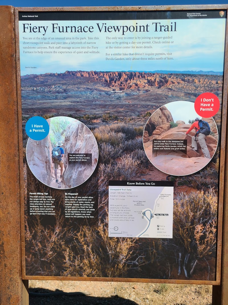 Signboard panel at Arches National Park detailing Fiery Furnace Viewpoint Trail, with canyon rock formations and hikers.
