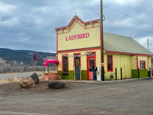 Colorful diner-style building near Black Canyon of the Gunnison National Park, with pink accents and a gravel lot.