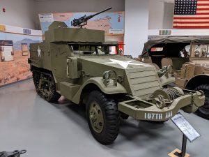 Armored military vehicle on display at Congaree National Park Visitor Center exhibit.