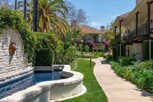 Westlake Village Inn courtyard fountain with tropical landscaping near Channel Islands National Park.