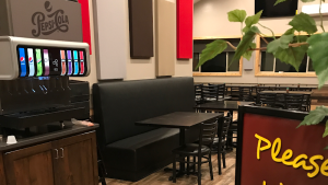 Interior dining area at a Bryce Canyon National Park restaurant with a soda fountain.