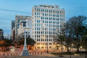 Evening view of downtown Columbia skyline in South Carolina near the Congaree National Park gateway area.