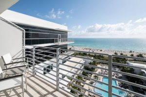 Balcony at South Beach hotel overlooking Biscayne Bay and the Atlantic Ocean, Biscayne National Park.