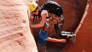 Rappellers navigate a narrow slot canyon known as The Subway in Zion National Park, with red sandstone walls towering around them.