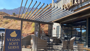 Outdoor cafe patio at Zion National Park with vegan soft-serve sign and mountain views.