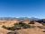 Sunlit orange sandstone dunes with scattered shrubs extend toward distant blue mountains in Arches National Park.