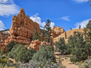 Red Canyon hoodoos near Bryce Canyon National Park rise from green pines under a bright blue sky.