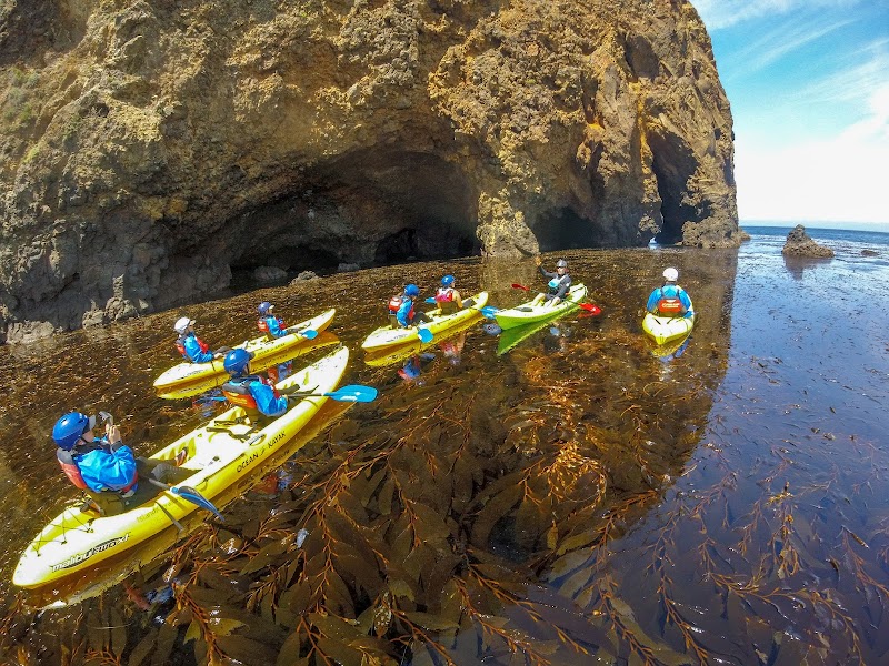 Kayakers paddle along the Channel Islands coastline near rugged rock formations in Channel Islands National Park.
