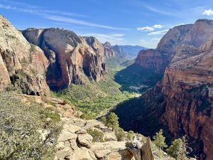 Angels Landing Trail atop Zion National Park’s red cliffs offers dramatic canyon views from the high ledges.