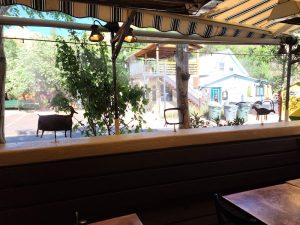 Interior view from a casual cafe in Zion National Park, with striped awning, rustic wood decor, and a glimpse of the outdoor yard.