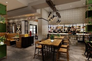 Dining area in Zion National Park featuring wood tables, pendant lights, and a modern restaurant interior.