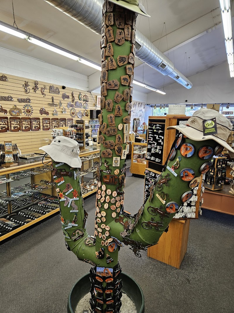 Inside a gift shop at Arches National Park, a green cactus-like display covered with pins and badges, with hats and wooden shelves.