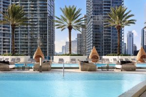Luxurious hotel pool area with palm trees and a city skyline in the background near Biscayne National Park, Miami.