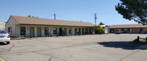Exterior view of a single-story motor inn row in Canyonlands National Park.