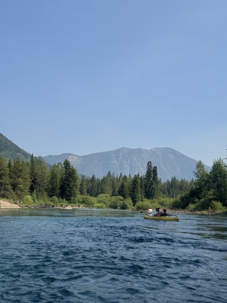 Rafting on the Flathead River beneath Glacier National Park's pine forests and rugged mountains.