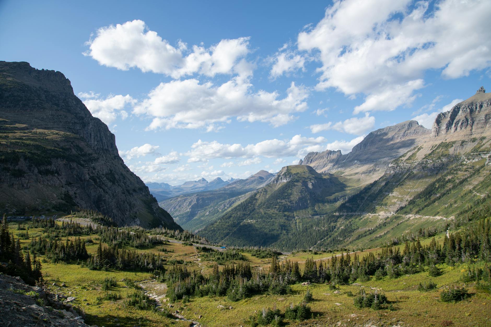 Breathtaking landscape of mountains and valleys at Glacier National Park in summer.
