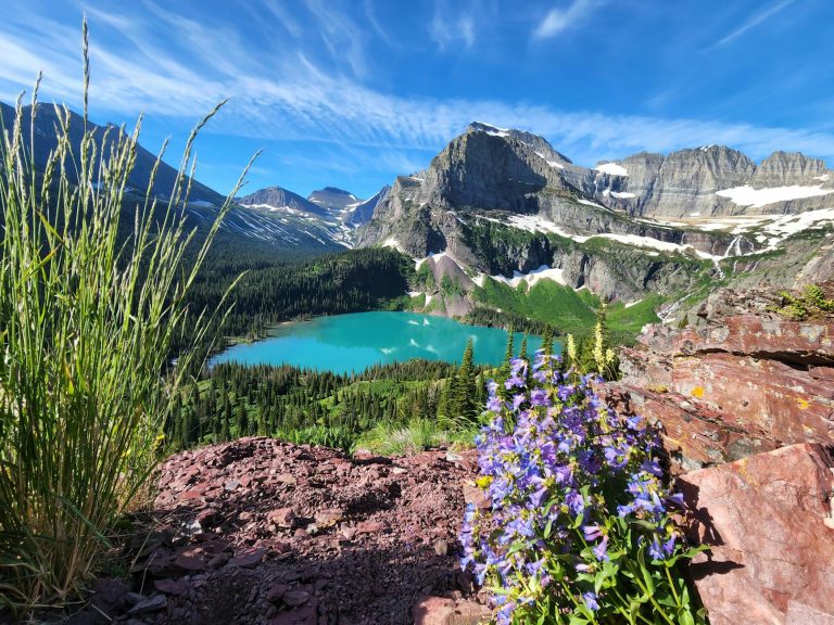 Breathtaking view of Emerald Lake surrounded by mountains in Glacier National Park, Montana.