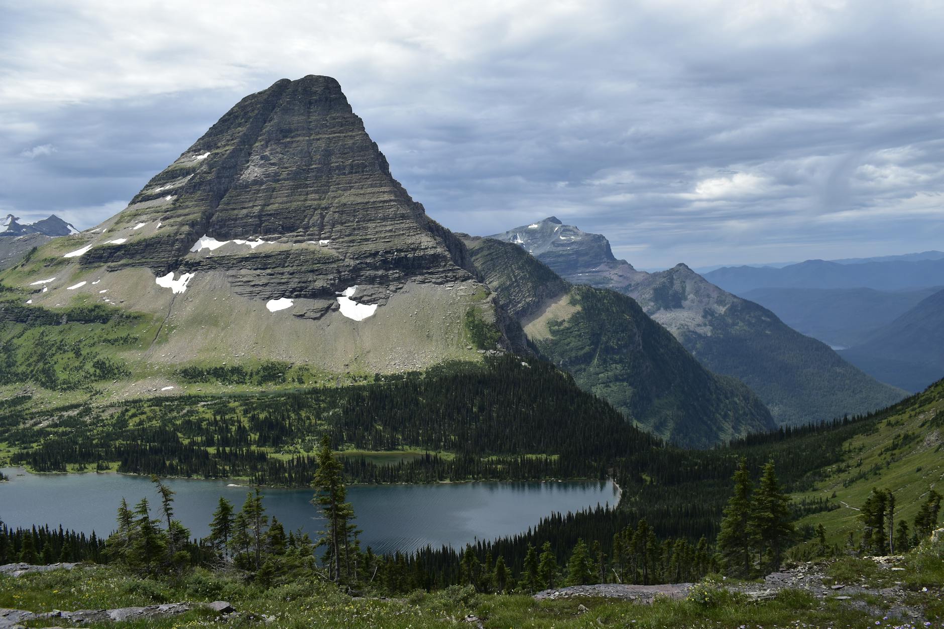 Majestic Bearhat Mountain overlooking Hidden Lake in Glacier National Park, Montana.